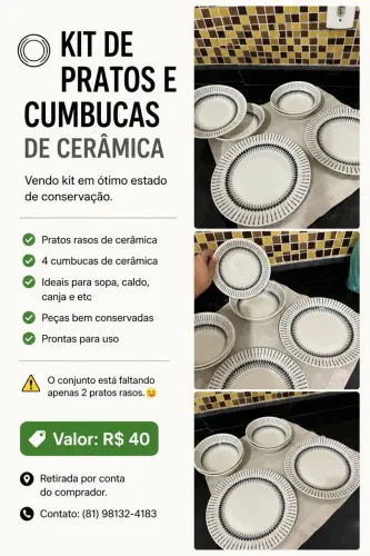 KIT DE PRATOS E CUMBUCAS DE CERÂMICA