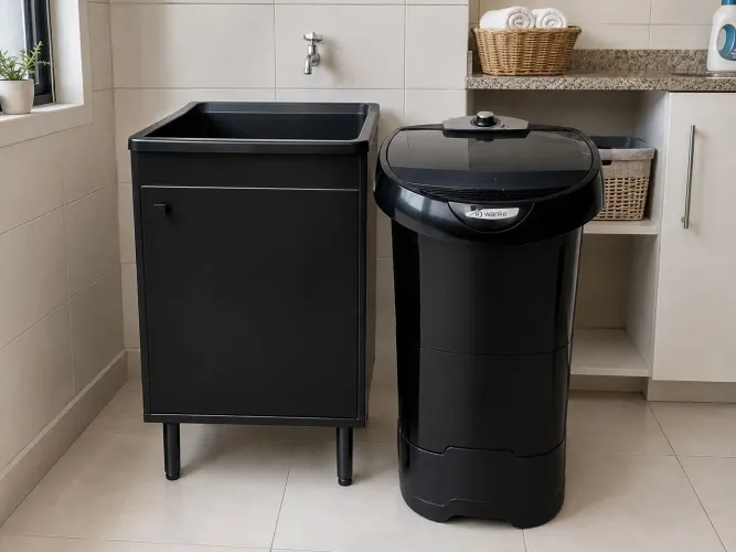 Tanque de roupas preto com porta para produtos de limpeza