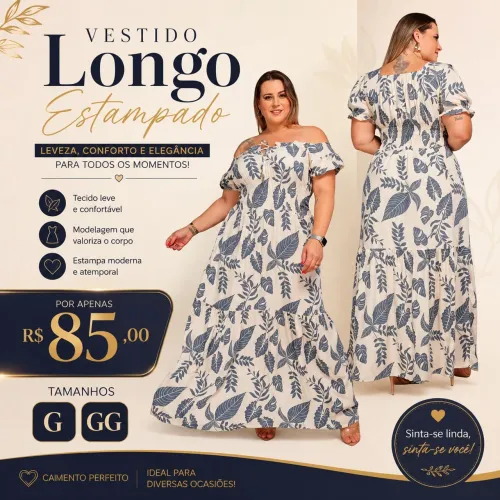 Vestido longo floral plus size.
