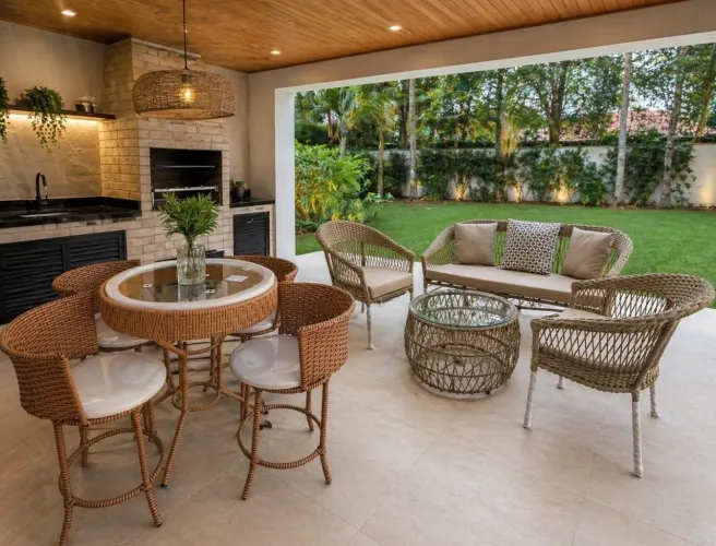 Sofa área externa + mesa bistrô com 4 banquetas 