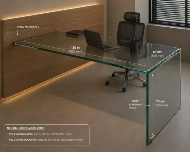 Mesa para escritório em vidro 19mm com painel em mdf amadeirado ou marmorizado branco