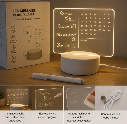Luminária LED de Mesa com Calendário e Quadro de Recados USB - Nova