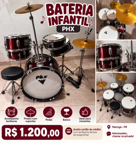 Bateria Infantil PHX Acústica Completa com Pratos e Banco