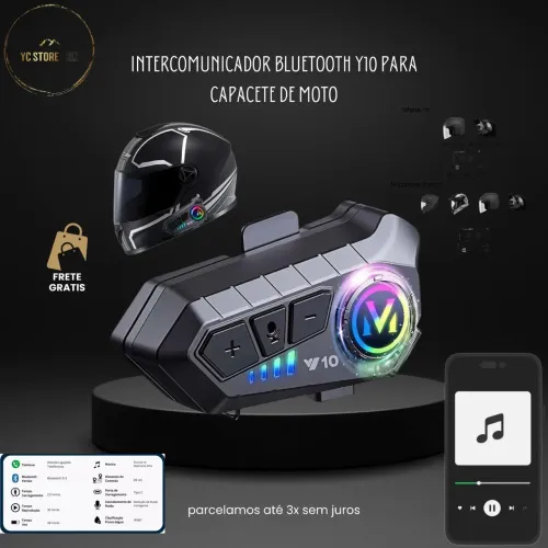 Intercomunicador Bluetooth Y10 para Capacete de Moto RGB | Microfone HD, Bluetooth 5.0 