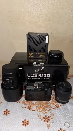Cânon eos R50V + lente do kit + adaptado k&F + lente 75-300 estabilizada