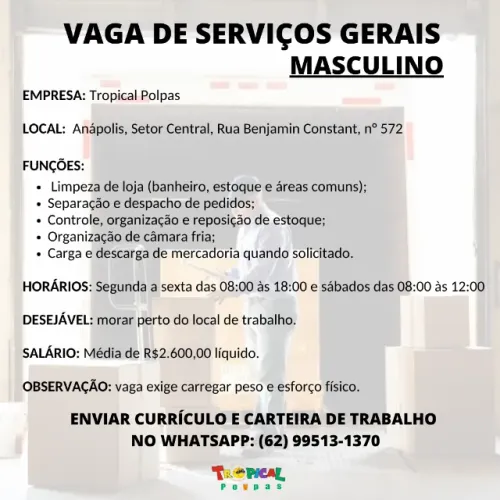 Vaga de emprego serviços gerais masculino