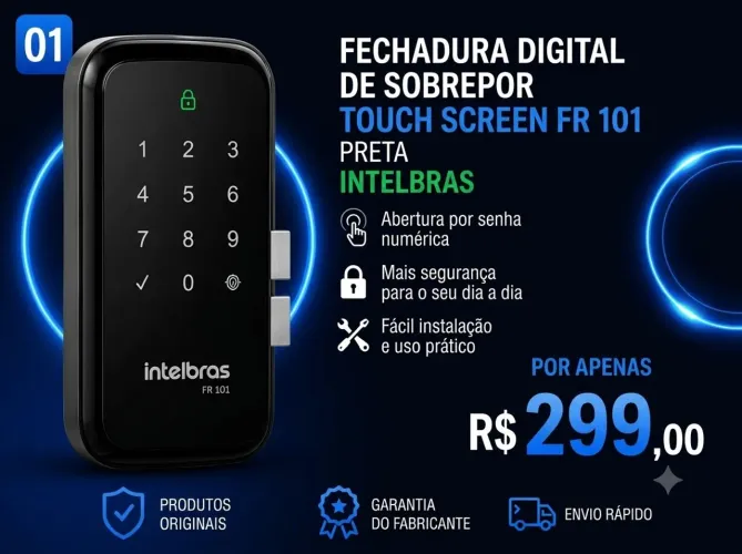 Fechadura Digital de Sobrepor Touch Screen Intelbras FR 101 Preta - Nova Original