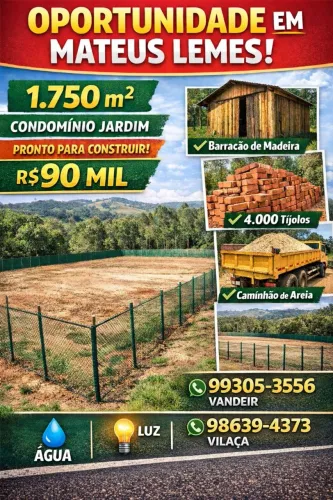 Lote 1.750m² Cercado em Mateus Leme + Barracão e Material