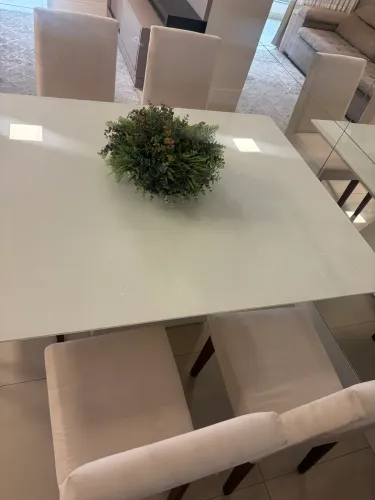Mesa de jantar, vidro laqueado e 5 cadeiras estofadas