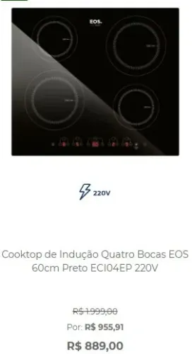 FOGÃO COOKTOP DE INDUÇÃO 4 BOCAS EOS CHEFF GOURMET ECIO4EP