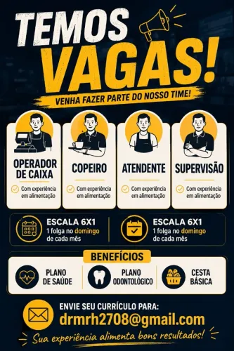 vagas de emprego contratamos Atendente, op de caixa, copeiro, supervisor, chapeiro