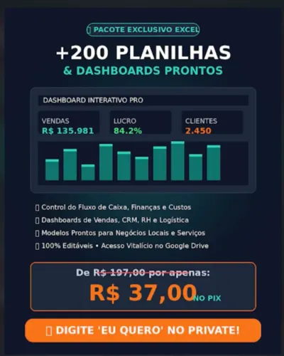 Kit +200 Planilhas e Dashboards Excel Profissionais - Envio Imediato