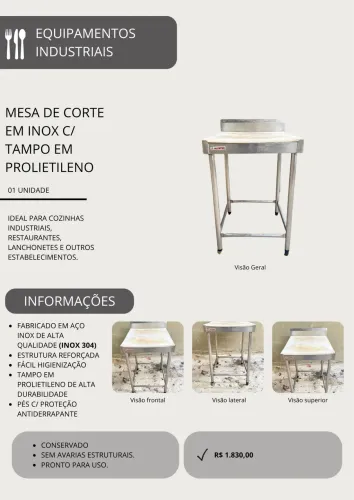 Mesa de Corte em Inox com Tampo de Polietileno