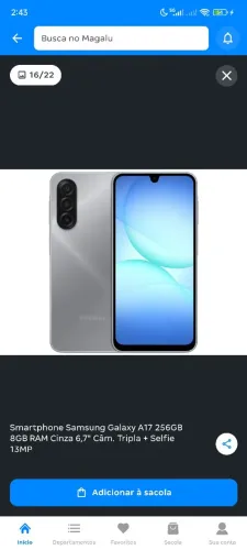 NOVO NA CAIXA Smartphone SamsungGalaxy A17 256GB 8GB RAM Cinza 6,7"Câm.Tripla+ Selfie 13MP