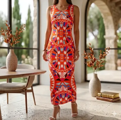 Vestido Longo Boho Chic Estampa Mandala Geométrica em Malha Fria Premium