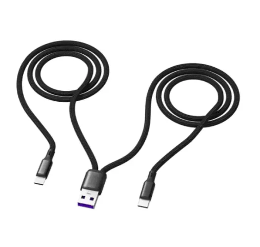 Cabo Duplo Carregamento 1 USB + 2 Tipo C 5A Carga Rápida Carrega 2 aparelhos Simultâneos