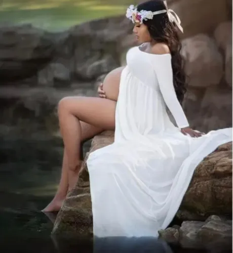 Vestido de gestante para ensaio fotográfico manga longa branco
