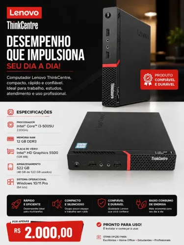PC Lenovo ThinkCentre i3 | 12GB RAM | 522GB | Compacto e Completo