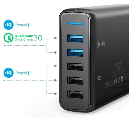 Estação Carregador Hub Powerport Velocidade 5 Anker Turbo 2 Usb 3.0 + 3 Usb 2.4