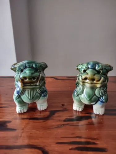 Estátua Chinês Foo Dog Guardião Feng Shui Antigo Asiático Chinoiserie Porcelana