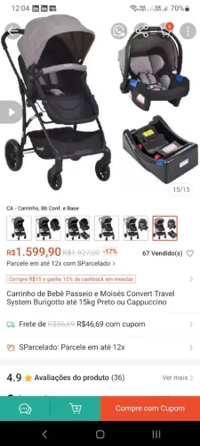 Carrinho de bebe com baby conforto e apoio burigotto 