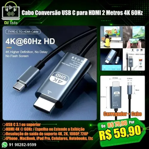 Cabo Conversão USB C para HDMI 2 Metros 4K 60Hz