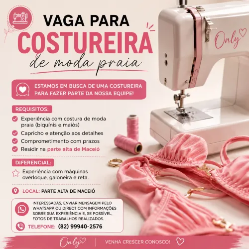 Vaga costureira moda praia e fitness