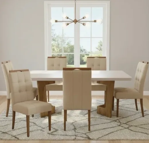 Conjunto Essence 6 Lugares Cinamomo Off White com Vidro e Cadeiras Bege