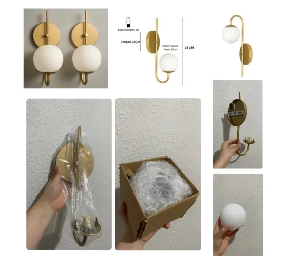 Kit 2 Luminária Arandela Jabuticaba Globo Dourado Fosco