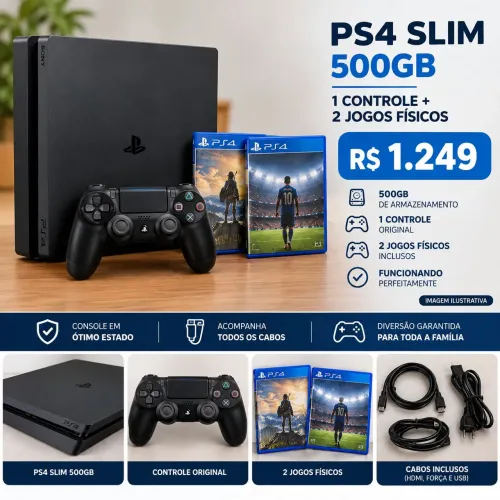 PS4 SLIM 500GB + CONTROLE + 2 JOGOS - R$ 1.249