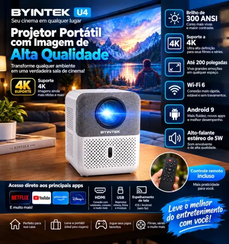 Projetor BYINTEK U4 4K 300 ANSI Wi-Fi 6 Android 9