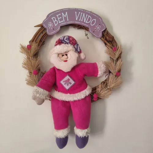 Guirlanda de Natal Artesanal Papai Noel Rosa Boneco Bem-Vindo