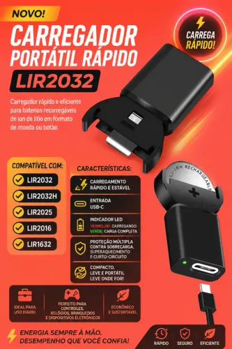 Carregador Portátil Rápido de Baterias Pilha LIR2032 (NOVO/LACRADO!)