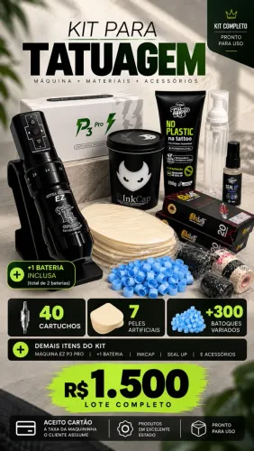 Kit Completo para Tatuagem - EZ P3 Pro + 40 Cartuchos + 7 Peles