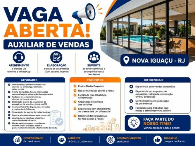 Vaga para Aux.de Vendas em Esquadrias