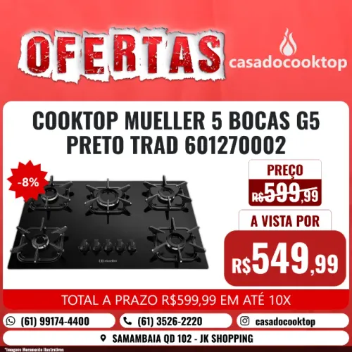 COOKTOP MUELLER 5 BOCAS G5 PRETO TRAD 601270002