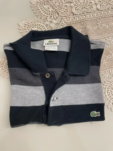 Camisa Polo Lacoste Masculina Listrada Cinza / Preto - Original