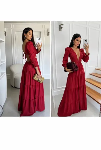 Vestido de festa longo feminino vermelho/vinho