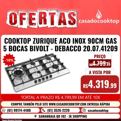 COOKTOP ZURIQUE ACO INOX 90CM GAS 5 BOCAS BIVOLT - DEBACCO 20.07.41209