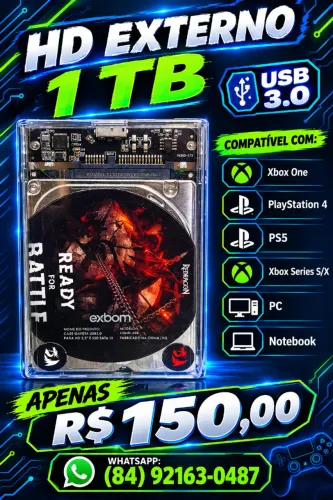 HD Externo 1TB USB 3.0 com Case Transparente para PC, PS4, Xbox, TV e Som
