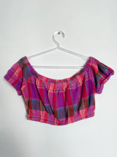 Cropped Ombro a Ombro Xadrez Rosa