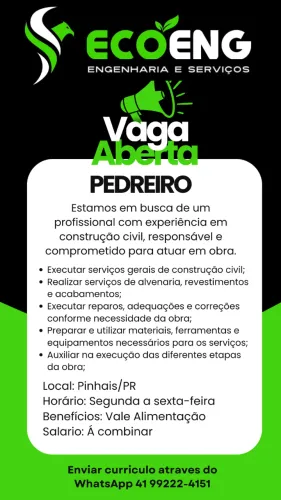 VAGA ABERTA PEDREIRO