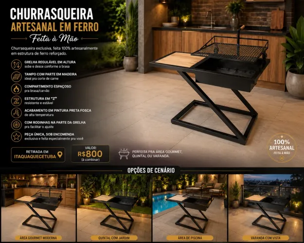 Churrasqueira Artesanal em Ferro com Grelha Regulável - Nova