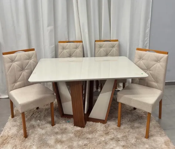 Mesa de Jantar Veneza 135×90 com Vidro+ 4 Cadeiras Entrega Rápida