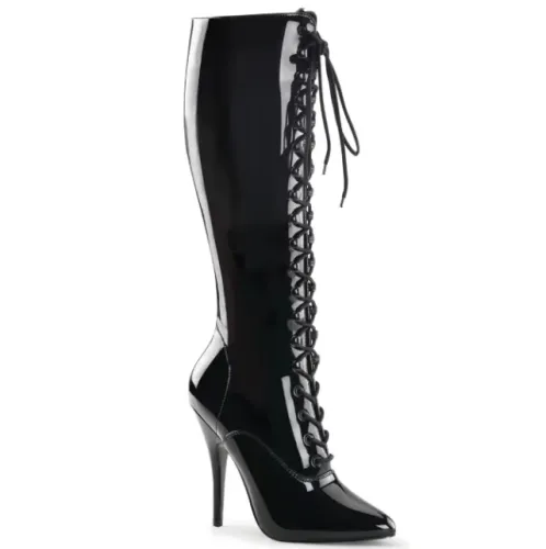 Bota Seduce Pleaser vintage salto agulha 12cm verniz preto ziper amarração cruzada tam 39