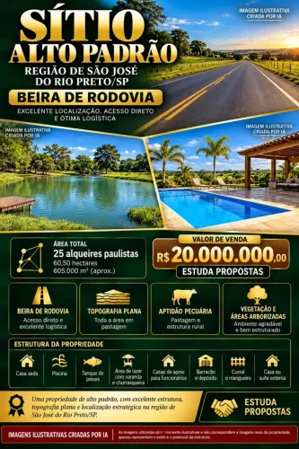 SÍTIO DE ALTO PADRÃO À VENDA  REGIÃO DE SÃO JOSÉ DO RIO PRETO/SP  25 ALQUEIRES | BEIRA DE 