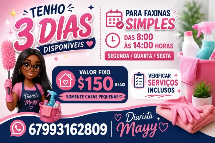 Tenho seg qua e sexta horário das 8:00 as 14:00 somente casas pequenas 