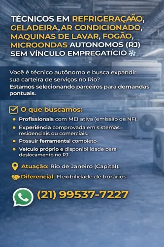 TÉCNICOS EM REFRIGERAÇÃO, GELADEIRA, AR CONDICIONADO,MAQUINAS DE LAVAR,FOGÃO, MICROONDAS A
