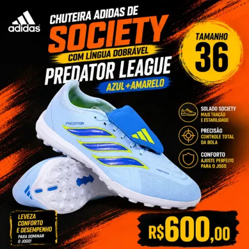 Chuteira Adidas De Society Com Língua Dobrável Predator League - Azul+amarelo