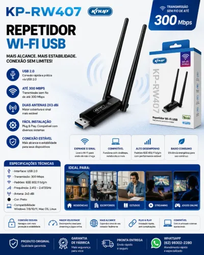 Repetidor Wi-Fi USB Knup KP-RW407 Adaptador Wireless 300Mbps